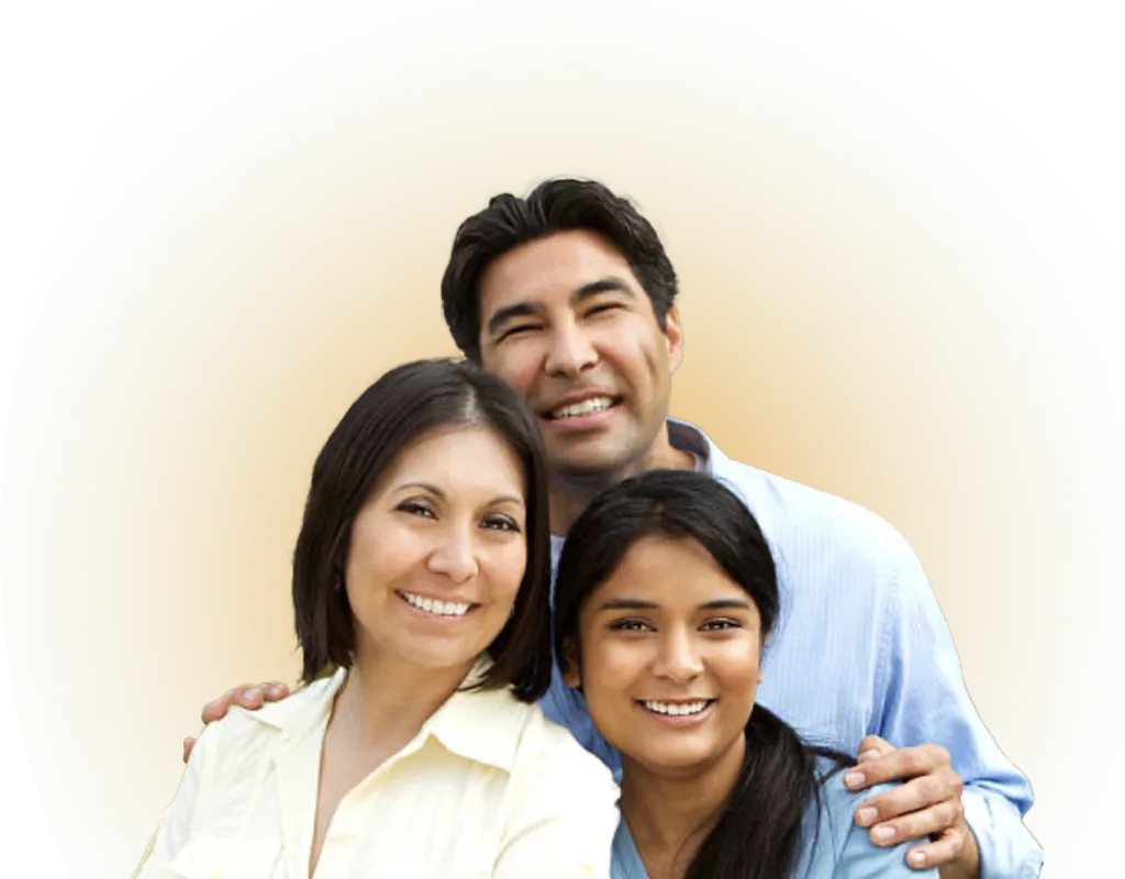 mother father and daughter standing together and smiling