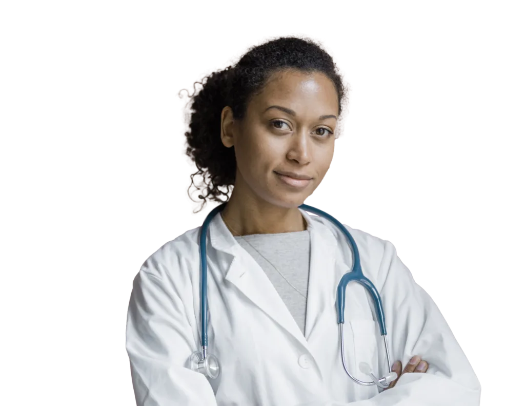 doctor looking happy in white coat