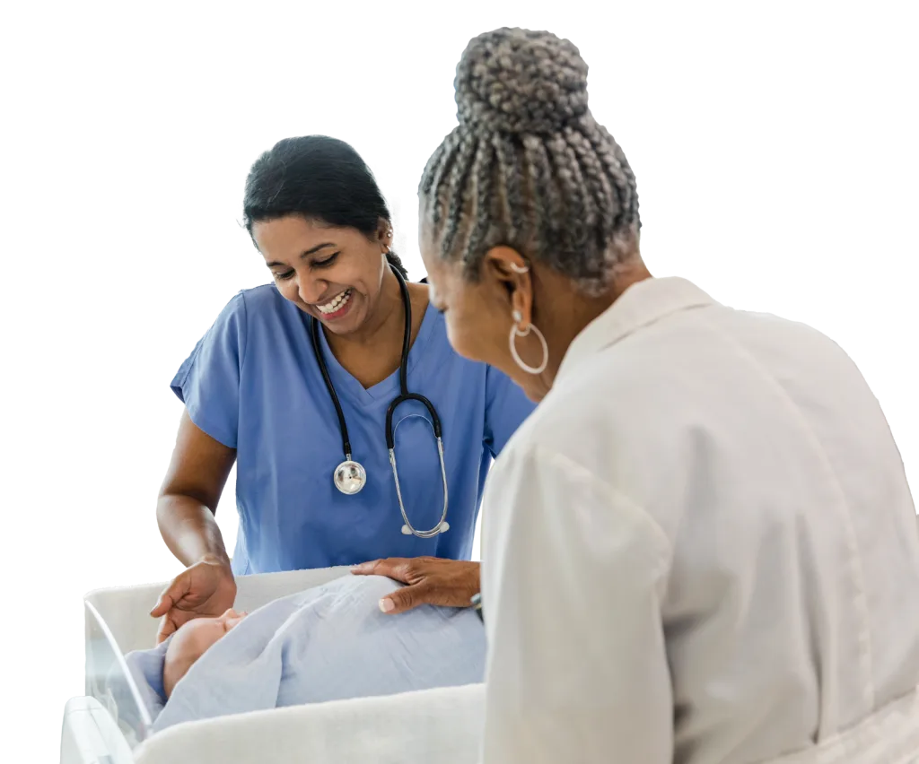 doctor and nurse smiling at newborn baby at the hospital