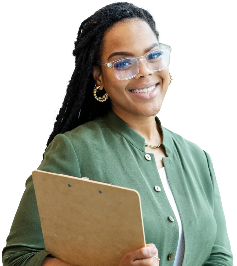 medical professional smiling with clipboard